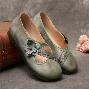 Damen Vintage Handgefertigte Weiche Leder Blumenriemen Grüne Flache Slip On Schuhe