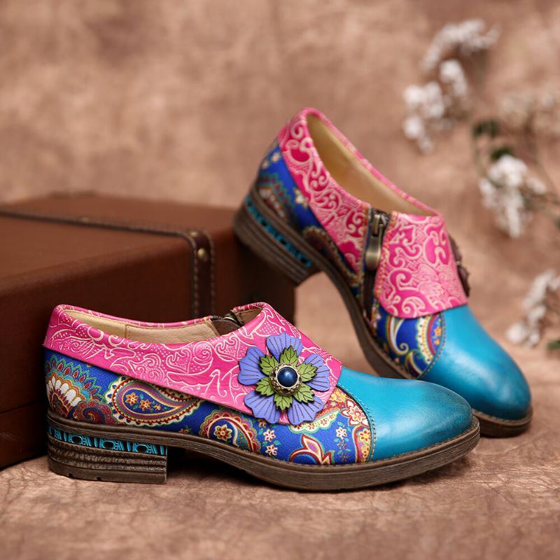 Flache Damenschuhe Aus Echtem Leder Im Retro Stil Mit Paisleymuster Und Blumenprägung