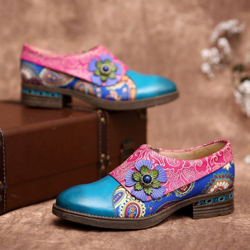 Flache Damenschuhe Aus Echtem Leder Im Retro Stil Mit Paisleymuster Und Blumenprägung