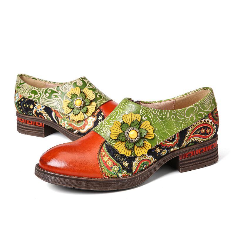 Flache Damenschuhe Aus Echtem Leder Im Retro Stil Mit Paisleymuster Und Blumenprägung