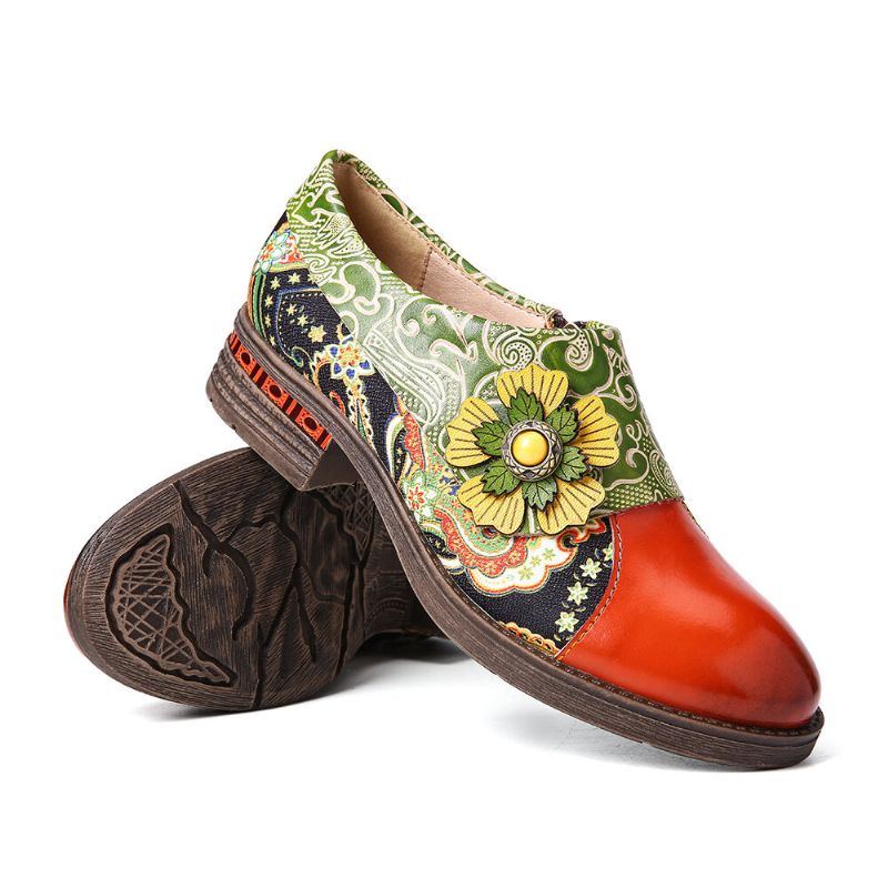 Flache Damenschuhe Aus Echtem Leder Im Retro Stil Mit Paisleymuster Und Blumenprägung