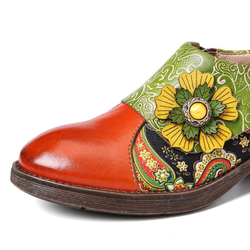 Flache Damenschuhe Aus Echtem Leder Im Retro Stil Mit Paisleymuster Und Blumenprägung