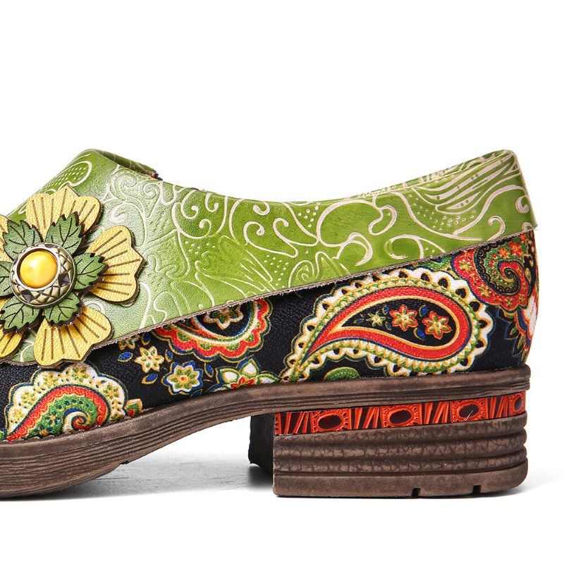 Flache Damenschuhe Aus Echtem Leder Im Retro Stil Mit Paisleymuster Und Blumenprägung