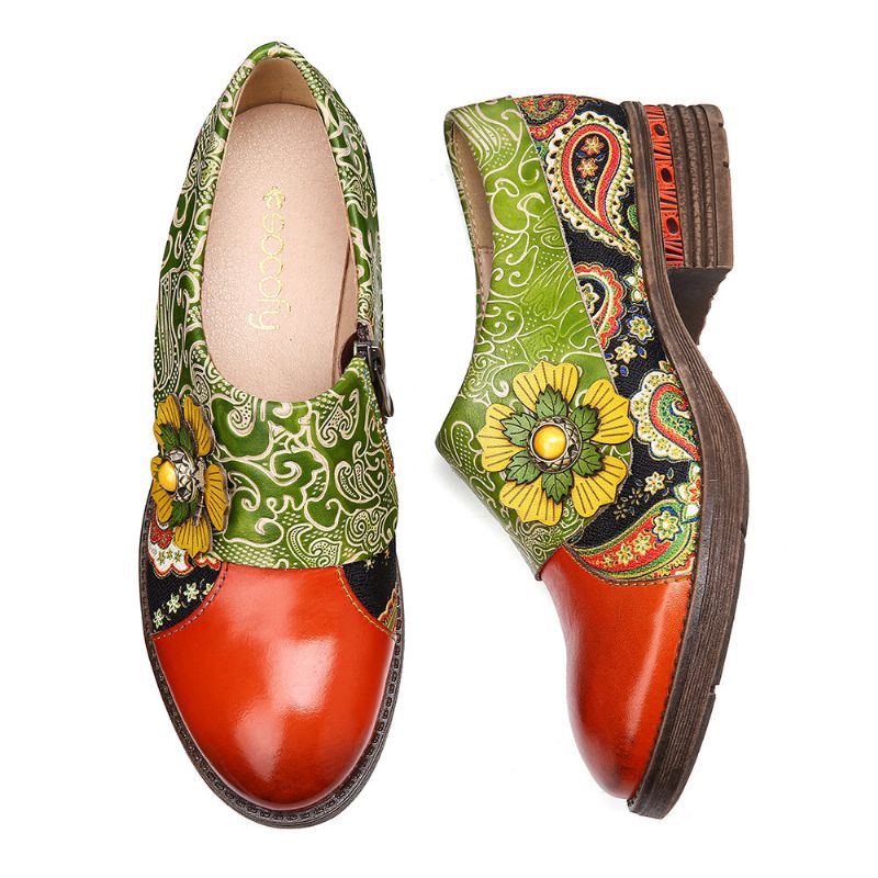 Flache Damenschuhe Aus Echtem Leder Im Retro Stil Mit Paisleymuster Und Blumenprägung