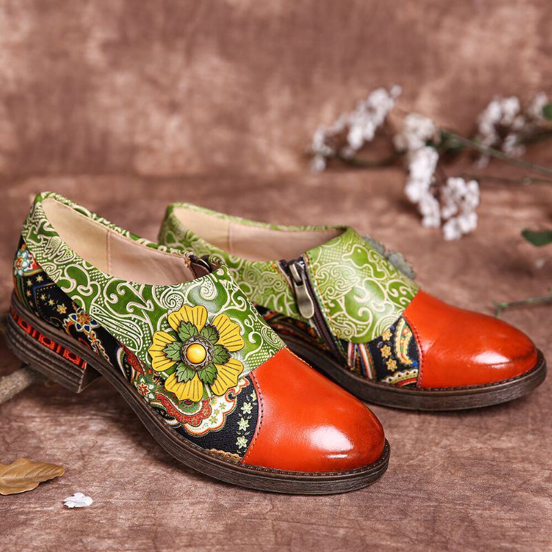 Flache Damenschuhe Aus Echtem Leder Im Retro Stil Mit Paisleymuster Und Blumenprägung