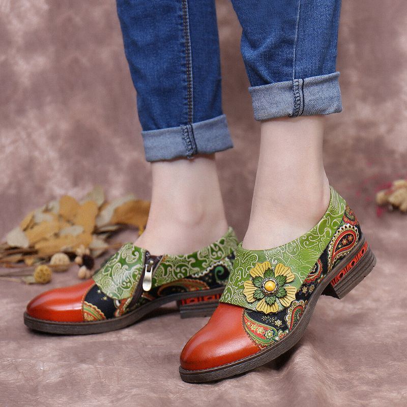 Flache Damenschuhe Aus Echtem Leder Im Retro Stil Mit Paisleymuster Und Blumenprägung