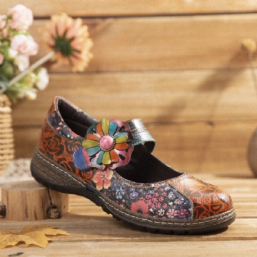 Flache Damenschuhe Aus Echtem Leder Mit Retro Prägung Und Blumenspleißung