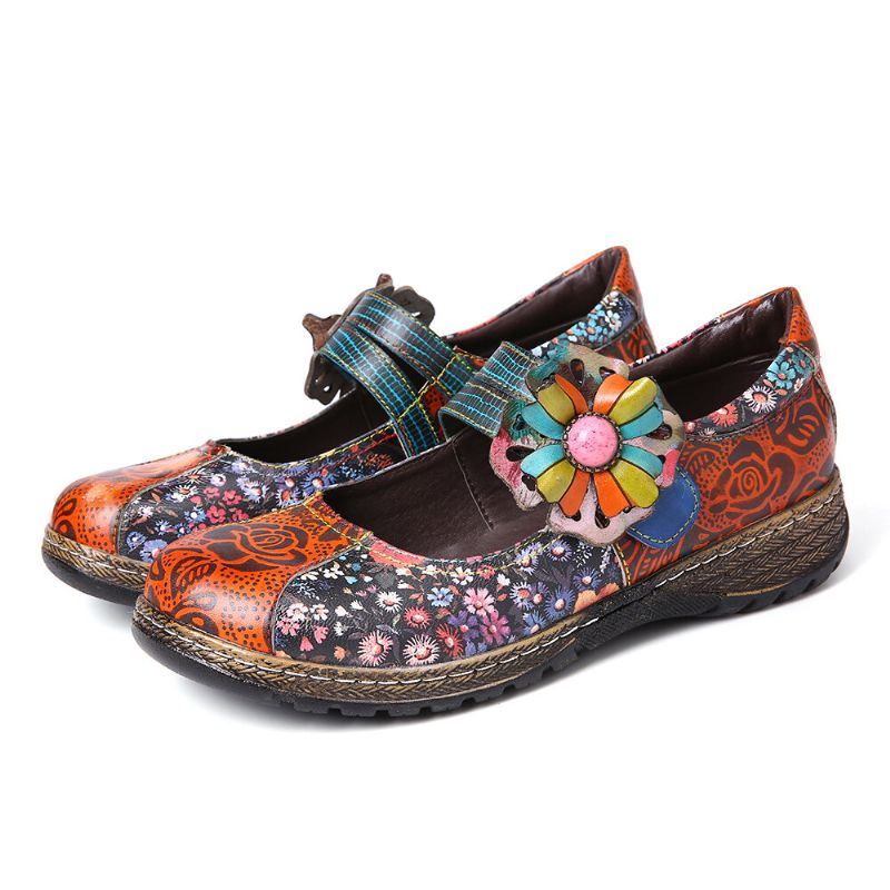 Flache Damenschuhe Aus Echtem Leder Mit Retro Prägung Und Blumenspleißung