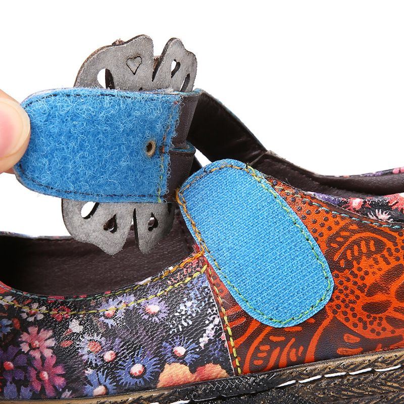 Flache Damenschuhe Aus Echtem Leder Mit Retro Prägung Und Blumenspleißung