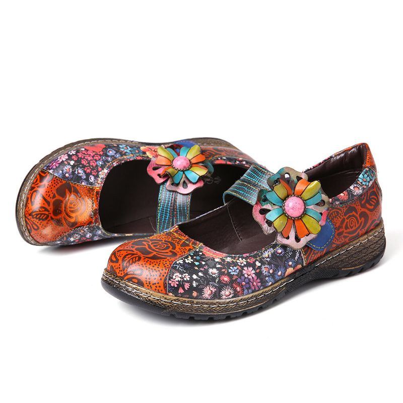 Flache Damenschuhe Aus Echtem Leder Mit Retro Prägung Und Blumenspleißung