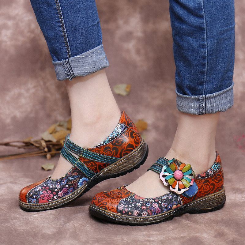 Flache Damenschuhe Aus Echtem Leder Mit Retro Prägung Und Blumenspleißung