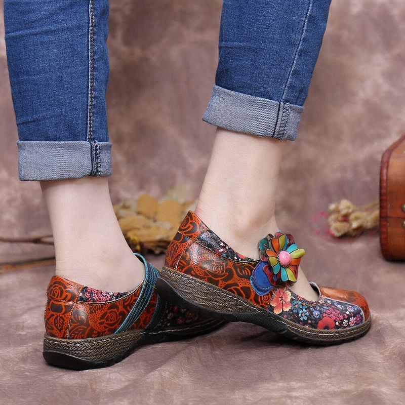 Flache Damenschuhe Aus Echtem Leder Mit Retro Prägung Und Blumenspleißung