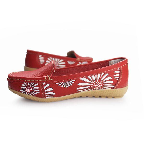 Flache Damenschuhe Bequeme Slip On Weiche Lässige Blumen Blumen Leder Loafer Flache Schuhe