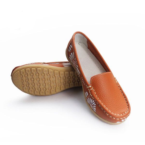 Flache Damenschuhe Bequeme Slip On Weiche Lässige Blumen Blumen Leder Loafer Flache Schuhe