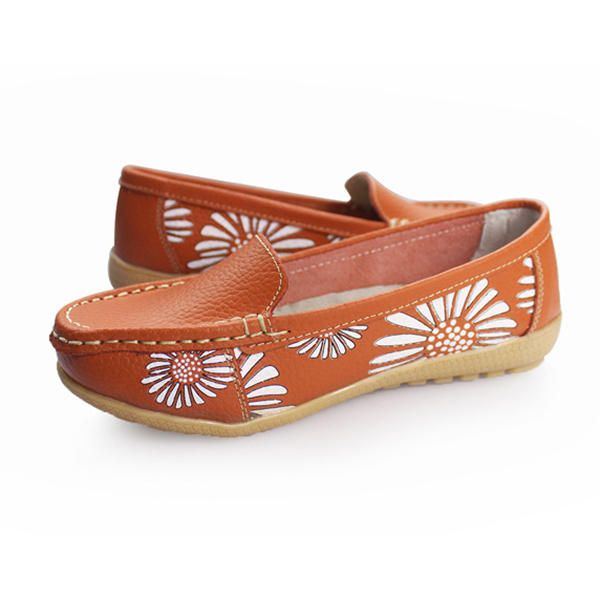 Flache Damenschuhe Bequeme Slip On Weiche Lässige Blumen Blumen Leder Loafer Flache Schuhe