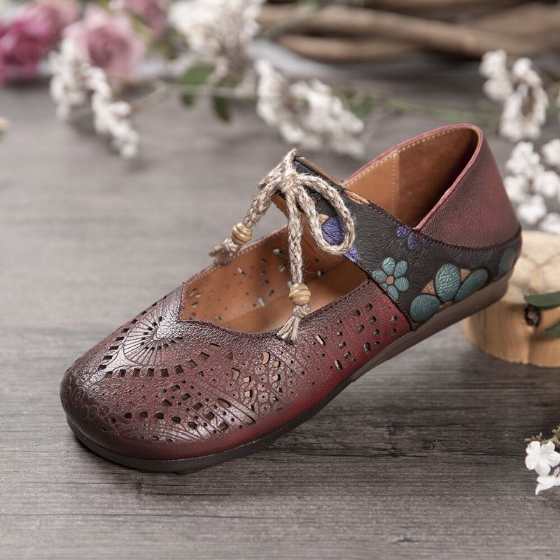 Flache Retro Schuhe Mit Hohlem Blumenmuster Und Weicher Sohle Knoten Runder Zehe Knöchelriemen