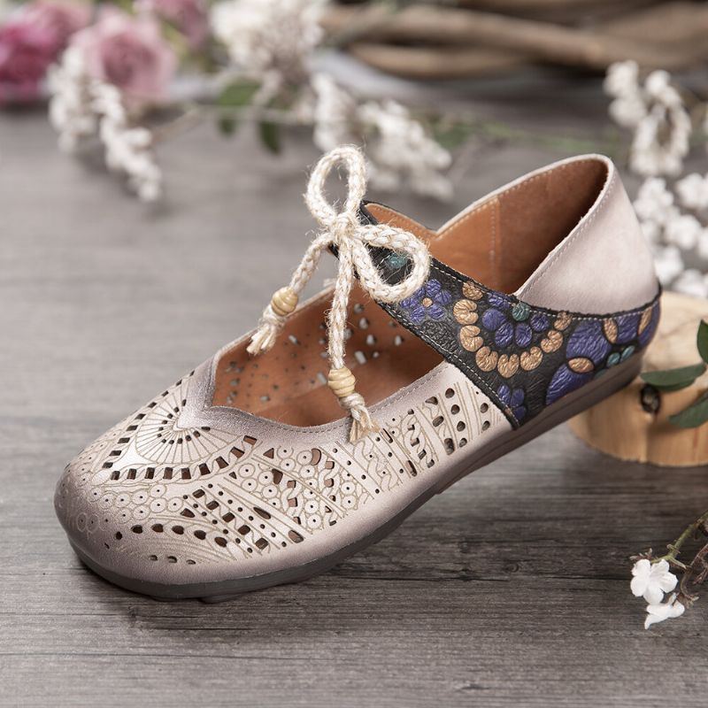 Flache Retro Schuhe Mit Hohlem Blumenmuster Und Weicher Sohle Knoten Runder Zehe Knöchelriemen