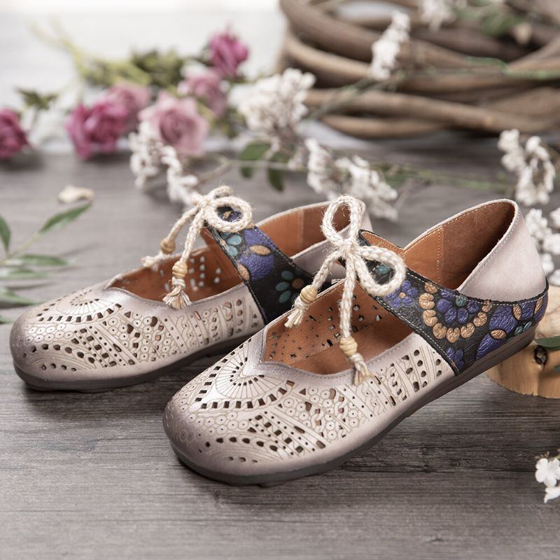 Flache Retro Schuhe Mit Hohlem Blumenmuster Und Weicher Sohle Knoten Runder Zehe Knöchelriemen