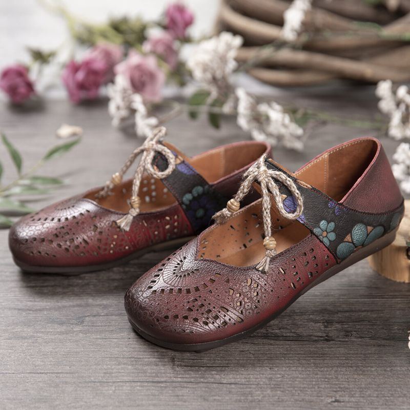 Flache Retro Schuhe Mit Hohlem Blumenmuster Und Weicher Sohle Knoten Runder Zehe Knöchelriemen