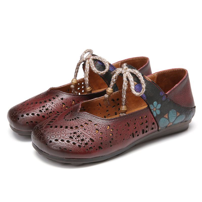 Flache Retro Schuhe Mit Hohlem Blumenmuster Und Weicher Sohle Knoten Runder Zehe Knöchelriemen