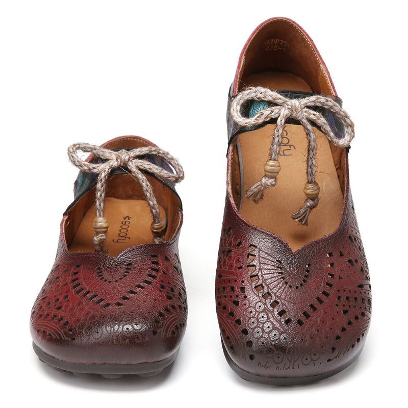 Flache Retro Schuhe Mit Hohlem Blumenmuster Und Weicher Sohle Knoten Runder Zehe Knöchelriemen