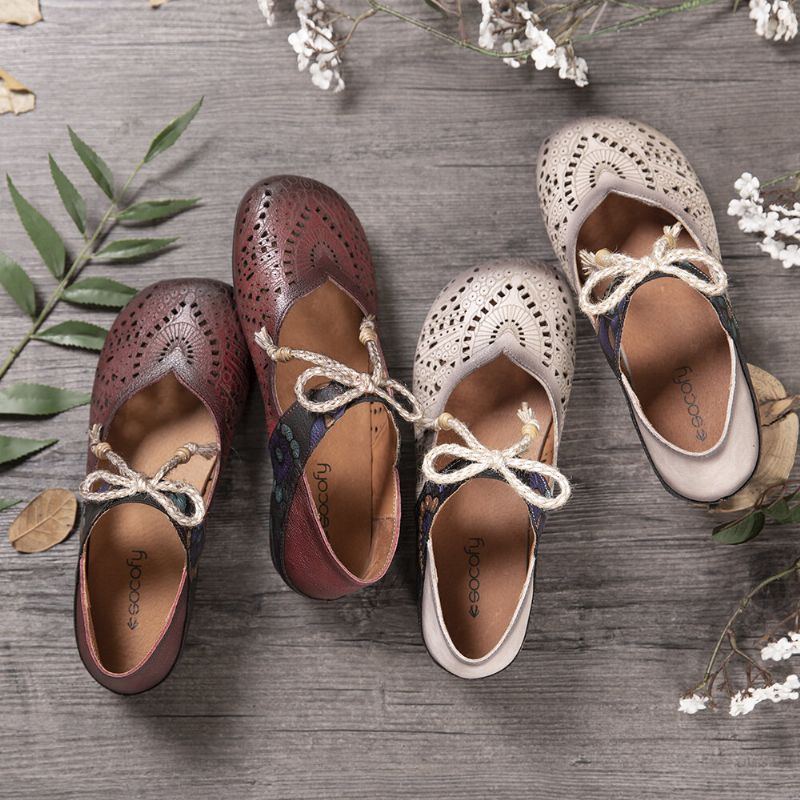 Flache Retro Schuhe Mit Hohlem Blumenmuster Und Weicher Sohle Knoten Runder Zehe Knöchelriemen