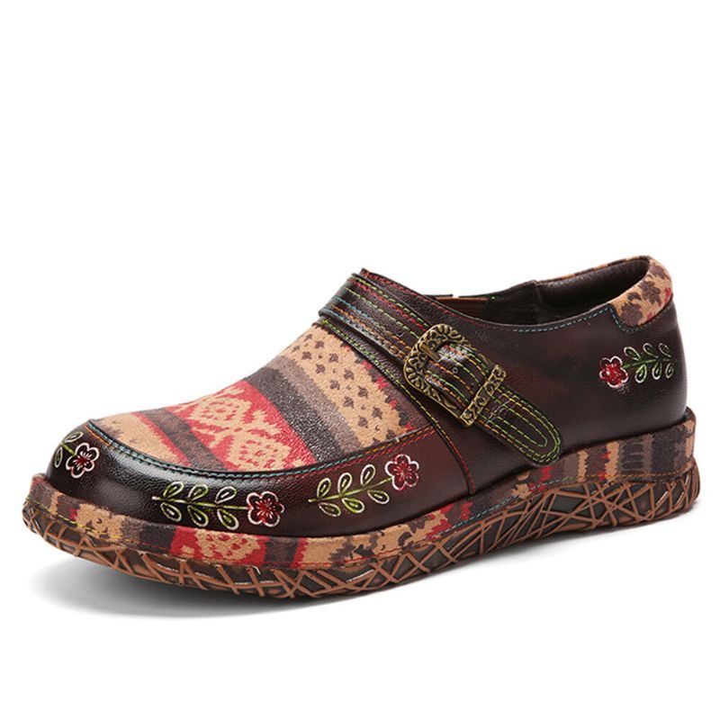 Flache Schuhe Aus Echtem Leder Für Damen Handgefertigt Patchwork Bequem Retro Ethno Muster