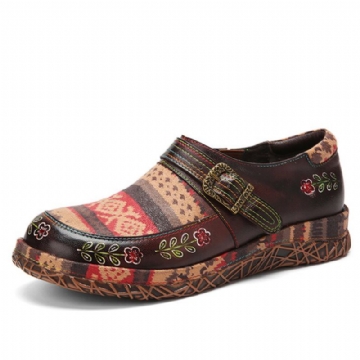 Flache Schuhe Aus Echtem Leder Für Damen Handgefertigt Patchwork Bequem Retro Ethno Muster