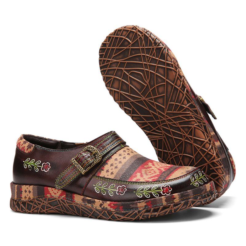 Flache Schuhe Aus Echtem Leder Für Damen Handgefertigt Patchwork Bequem Retro Ethno Muster