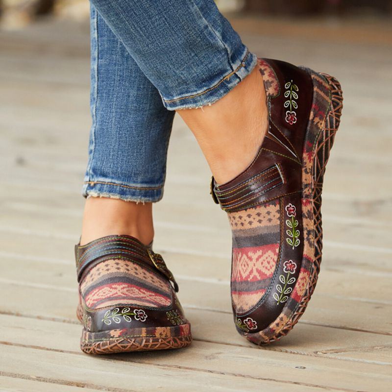 Flache Schuhe Aus Echtem Leder Für Damen Handgefertigt Patchwork Bequem Retro Ethno Muster