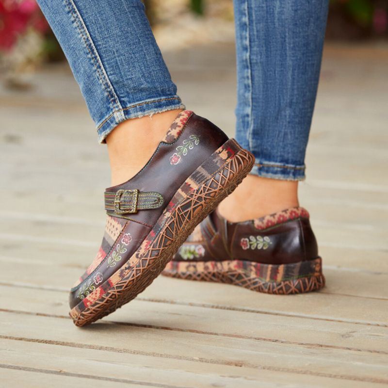 Flache Schuhe Aus Echtem Leder Für Damen Handgefertigt Patchwork Bequem Retro Ethno Muster