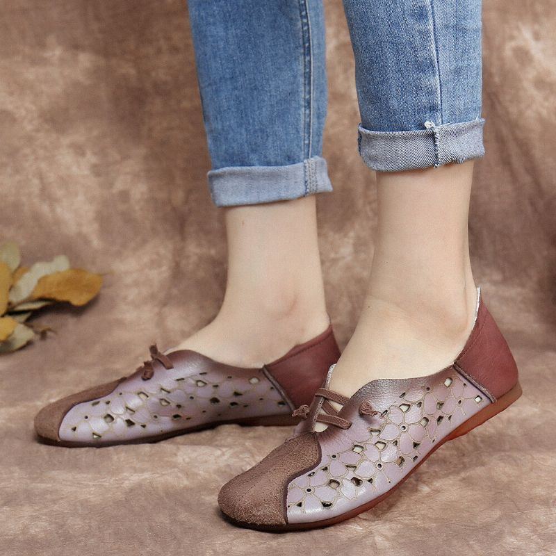 Flache Schuhe Zum Hineinschlüpfen Aus Leder Mit Blumenmuster Und Hohlem Elastikriemen Im Retro Farbblock Stil Für Damen