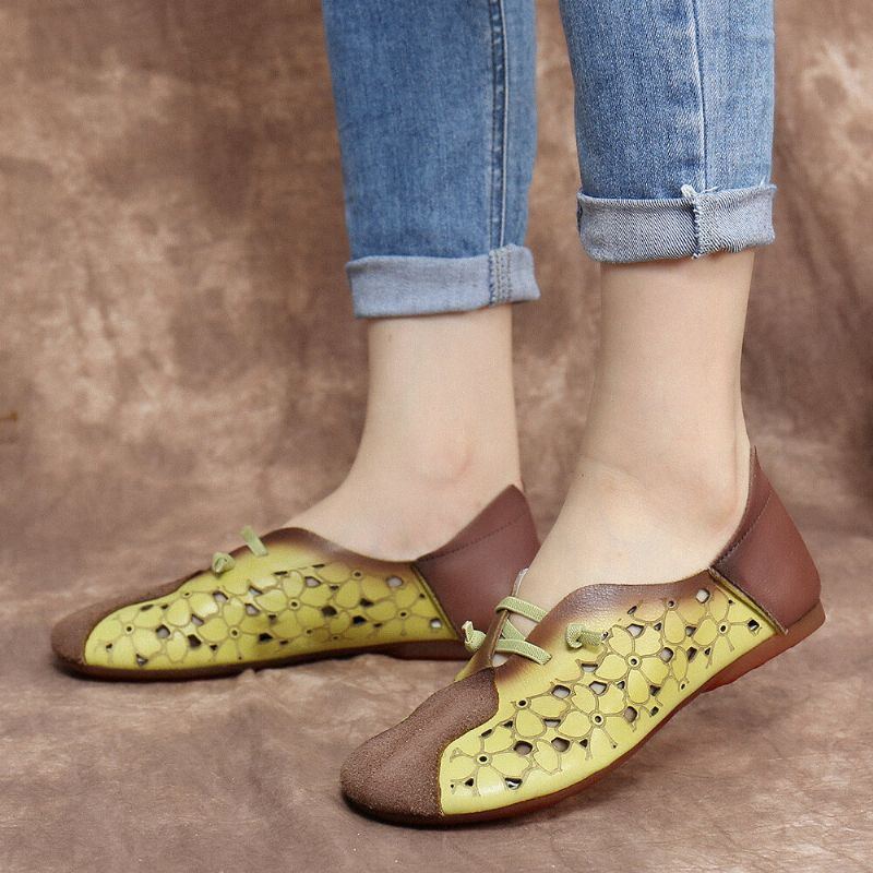 Flache Schuhe Zum Hineinschlüpfen Aus Leder Mit Blumenmuster Und Hohlem Elastikriemen Im Retro Farbblock Stil Für Damen