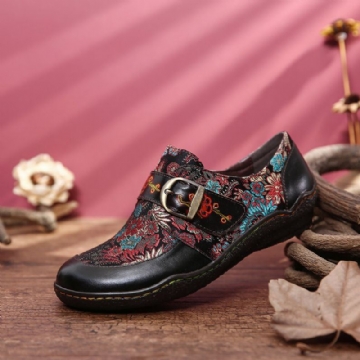 Flache Schuhe Zum Hineinschlüpfen Mit Retro Blumenstickerei Aus Leder Mit Pflaumenblüten Schnalle Und Prägung