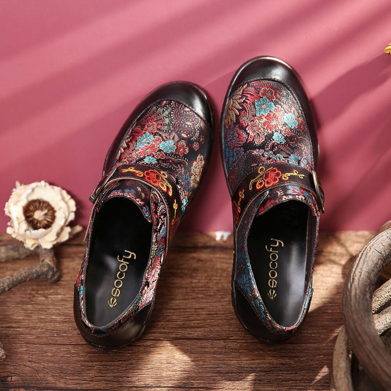 Flache Schuhe Zum Hineinschlüpfen Mit Retro Blumenstickerei Aus Leder Mit Pflaumenblüten Schnalle Und Prägung