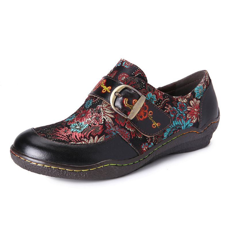 Flache Schuhe Zum Hineinschlüpfen Mit Retro Blumenstickerei Aus Leder Mit Pflaumenblüten Schnalle Und Prägung