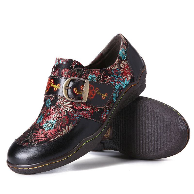 Flache Schuhe Zum Hineinschlüpfen Mit Retro Blumenstickerei Aus Leder Mit Pflaumenblüten Schnalle Und Prägung