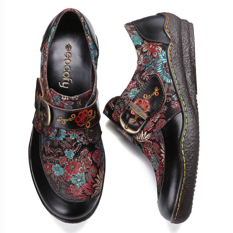 Flache Schuhe Zum Hineinschlüpfen Mit Retro Blumenstickerei Aus Leder Mit Pflaumenblüten Schnalle Und Prägung