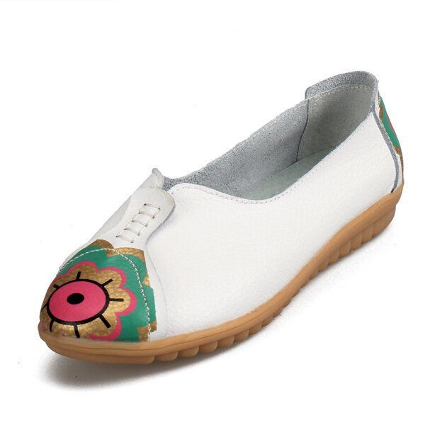 Flache Slipper Aus Weichem Leder Mit Sonnenauge Und Blumenmuster Für Damen