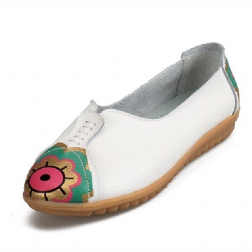 Flache Slipper Aus Weichem Leder Mit Sonnenauge Und Blumenmuster Für Damen