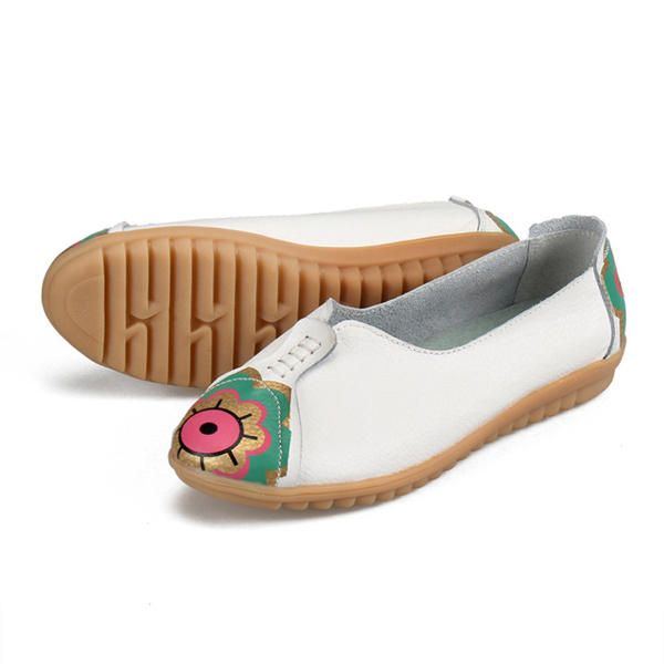 Flache Slipper Aus Weichem Leder Mit Sonnenauge Und Blumenmuster Für Damen