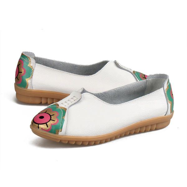 Flache Slipper Aus Weichem Leder Mit Sonnenauge Und Blumenmuster Für Damen