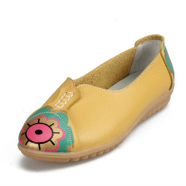 Flache Slipper Aus Weichem Leder Mit Sonnenauge Und Blumenmuster Für Damen