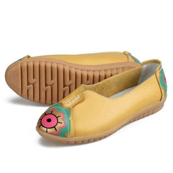 Flache Slipper Aus Weichem Leder Mit Sonnenauge Und Blumenmuster Für Damen