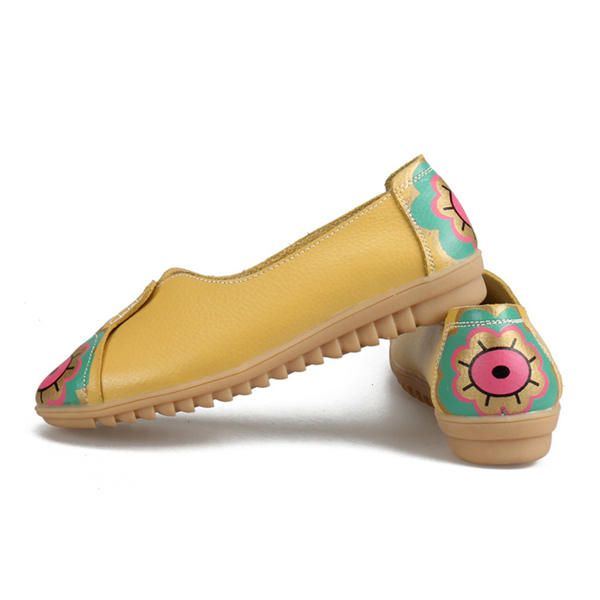 Flache Slipper Aus Weichem Leder Mit Sonnenauge Und Blumenmuster Für Damen