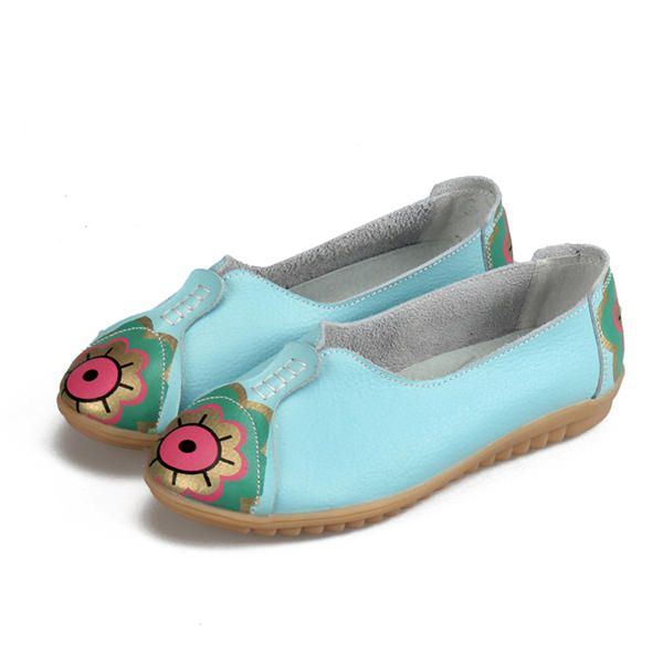 Flache Slipper Aus Weichem Leder Mit Sonnenauge Und Blumenmuster Für Damen