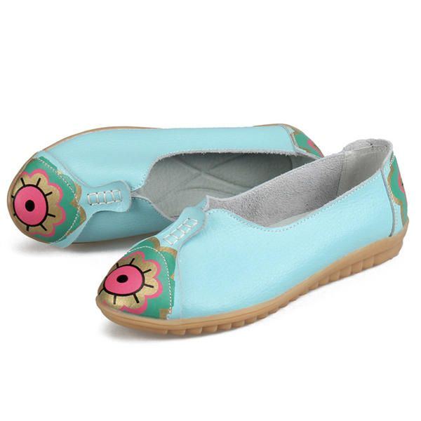 Flache Slipper Aus Weichem Leder Mit Sonnenauge Und Blumenmuster Für Damen