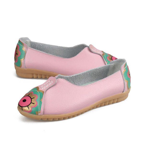 Flache Slipper Aus Weichem Leder Mit Sonnenauge Und Blumenmuster Für Damen