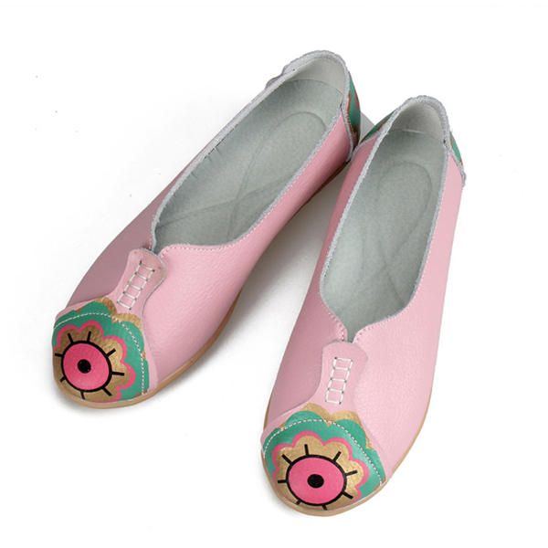 Flache Slipper Aus Weichem Leder Mit Sonnenauge Und Blumenmuster Für Damen