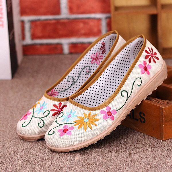 Flache Slipper Im Chinesischen Stil Mit Blumenstickerei Und Weicher Sohle Aus Leinen